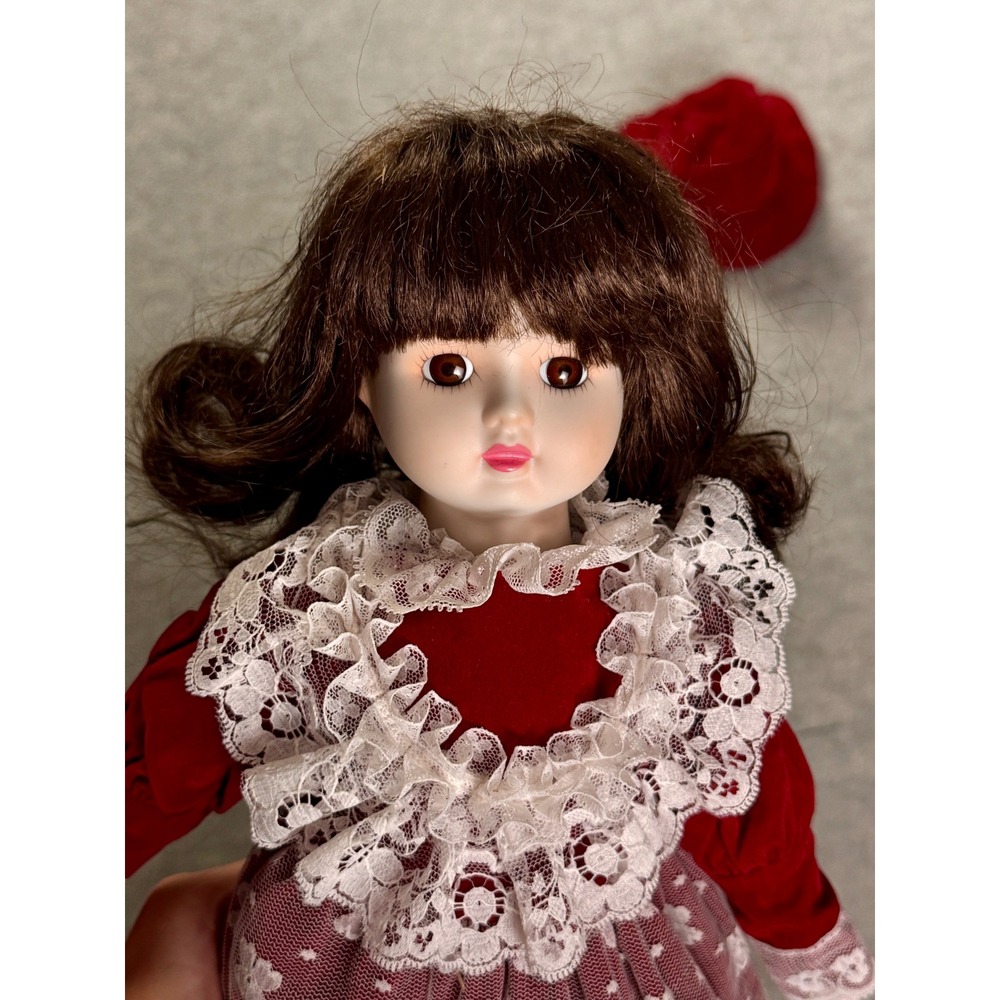 Vintage Porcelain Musical Doll Burgundy Velvet Lace Victorian Dress 16 Inch